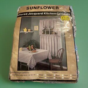 NEW NOS Kitchen Curtain Valance Set Green Farmhouse Jacquard Gingham Sunflower
